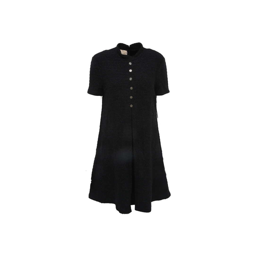 99新 GUCCI/古驰 小花Jerry活动 黑色 羊毛 GG扣 A字小黑裙