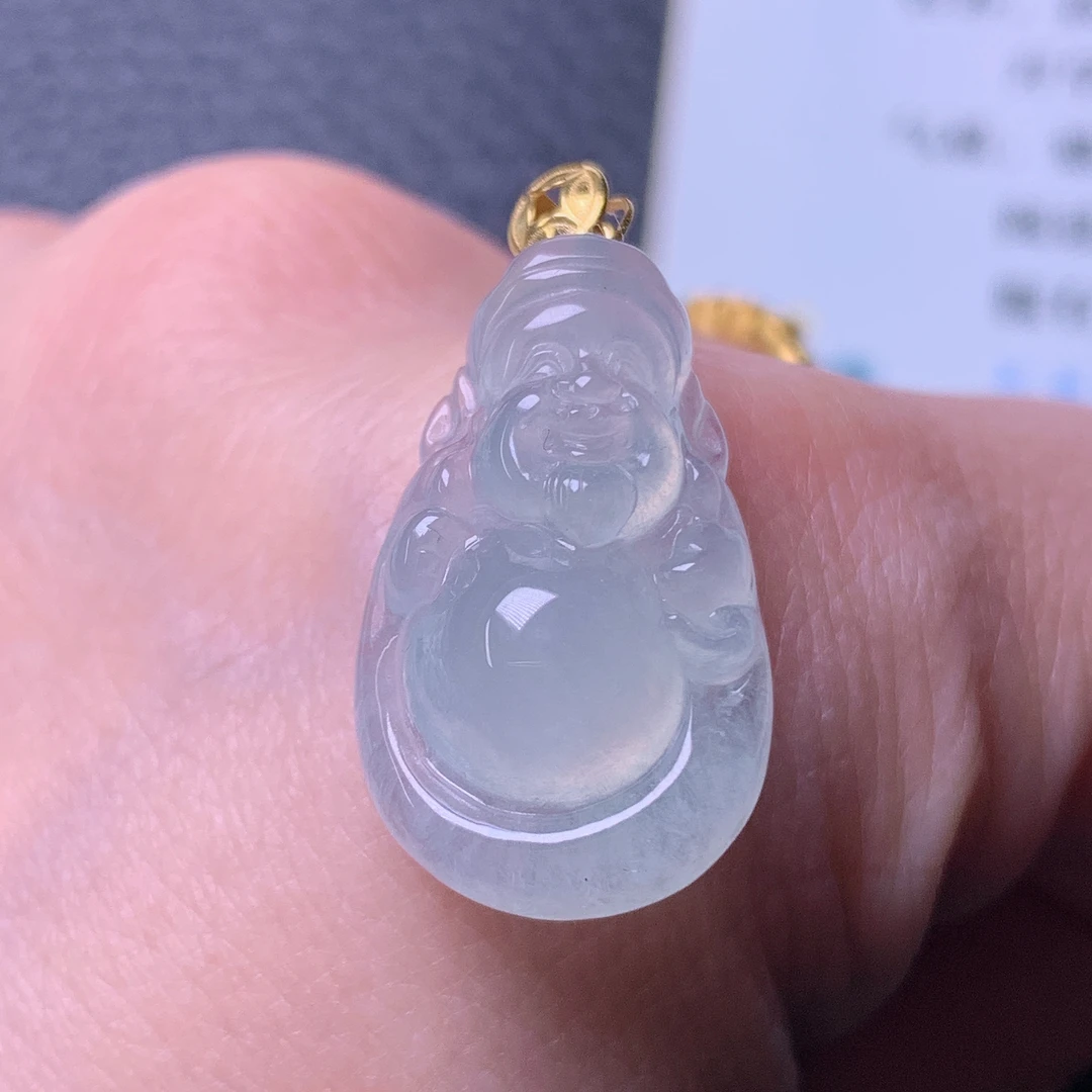 天然缅甸a货翡翠冰种财神爷玉吊坠18k金扣23/14/6.6