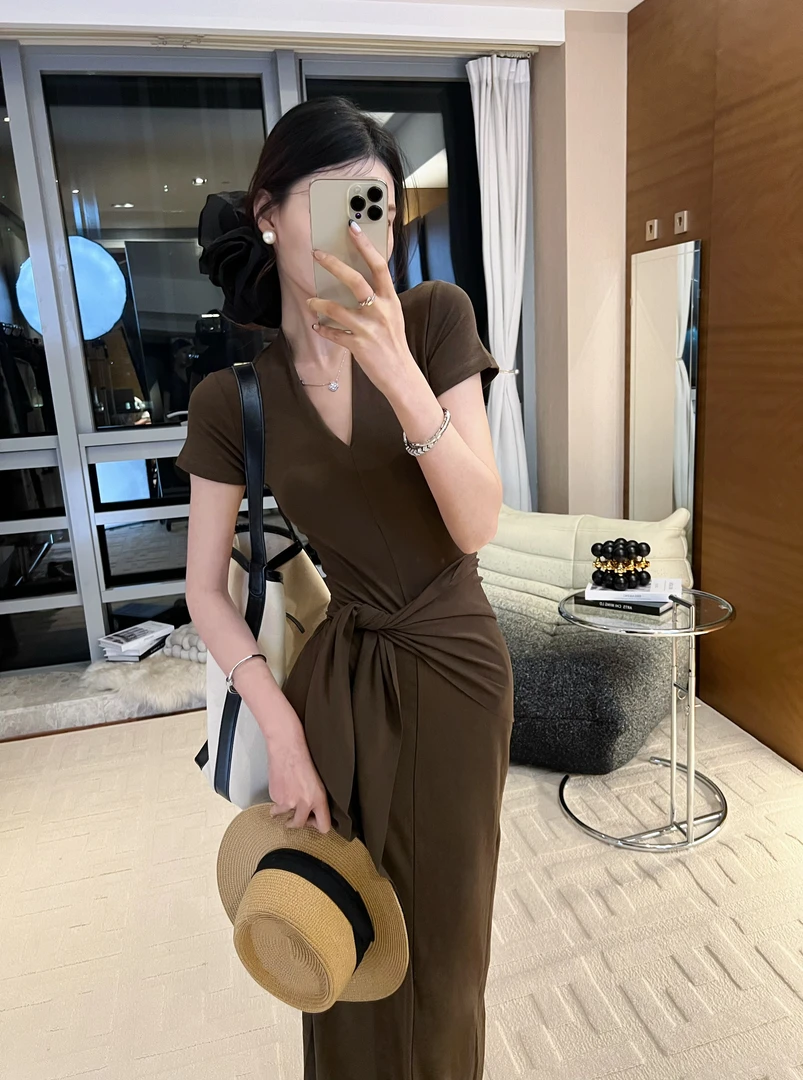 【OS&oneshow】夏季时尚显瘦修身气质套装收腰长裙短袖V领两件套