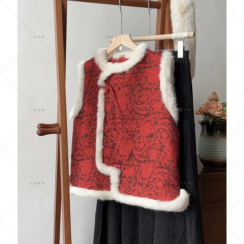 5618《晚澄》原创新中式红色斜襟马夹毛毛拼接夹棉背心外穿马甲