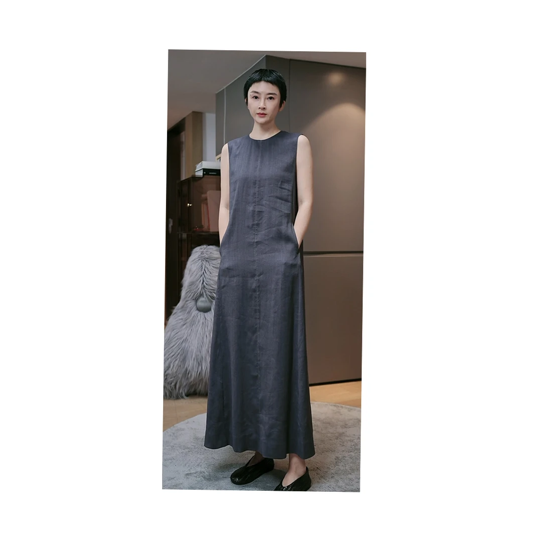 『气质.长裙』女士高档圆领连衣裙夏季新款老钱无袖裙Z7008