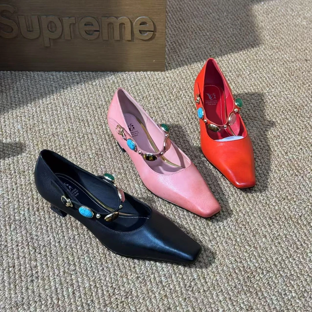 1149【卢比】春夏季新款小方头头层牛皮气质一字带浅口单鞋A【4cm】