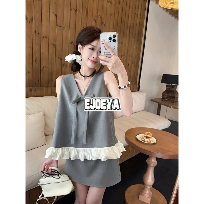 EJOEYA精致名媛风法式蝴蝶结领设计无袖西装上衣短裙