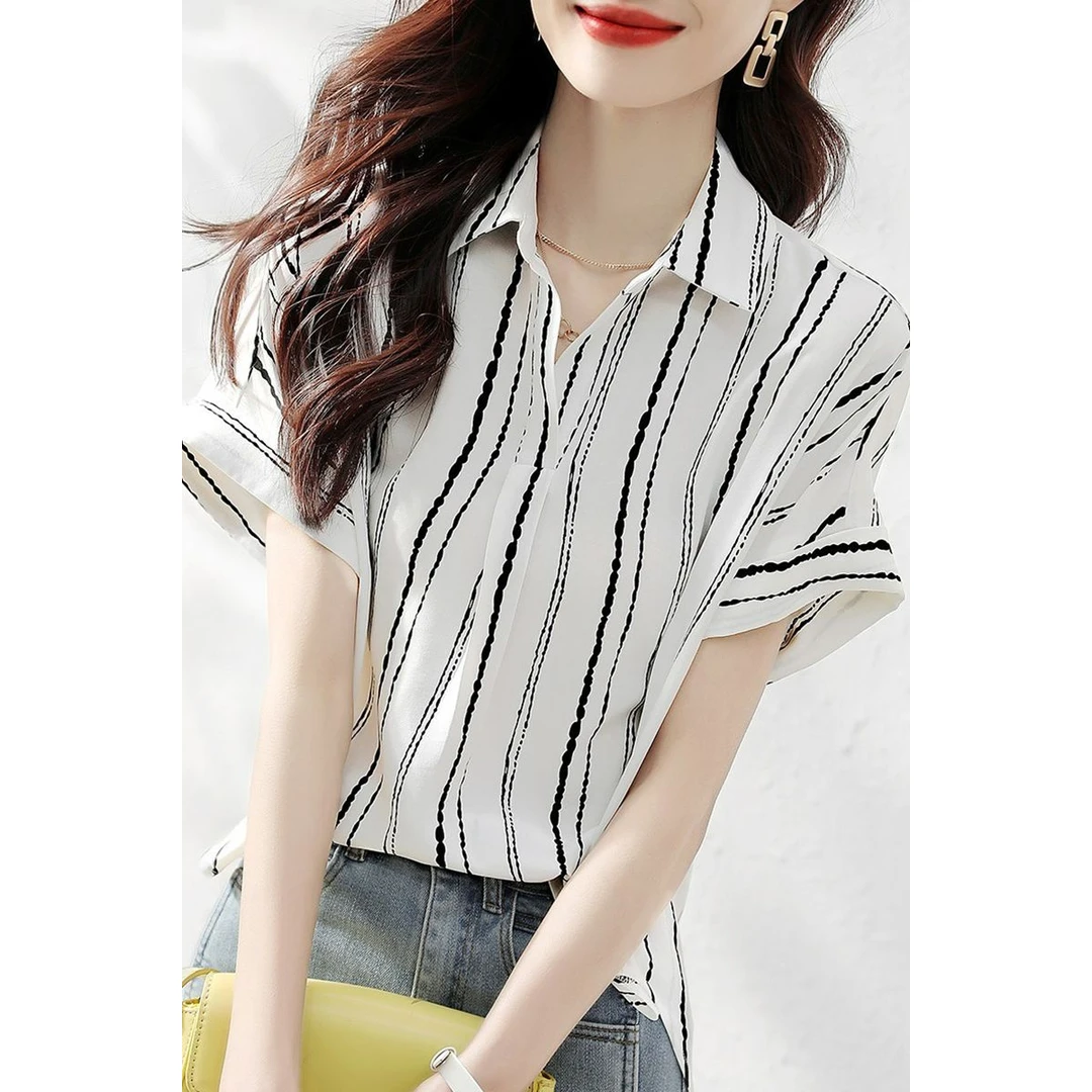 时尚减龄条纹雪纺衬衫女2025夏装新款高档洋气衬衣小个子薄款上衣