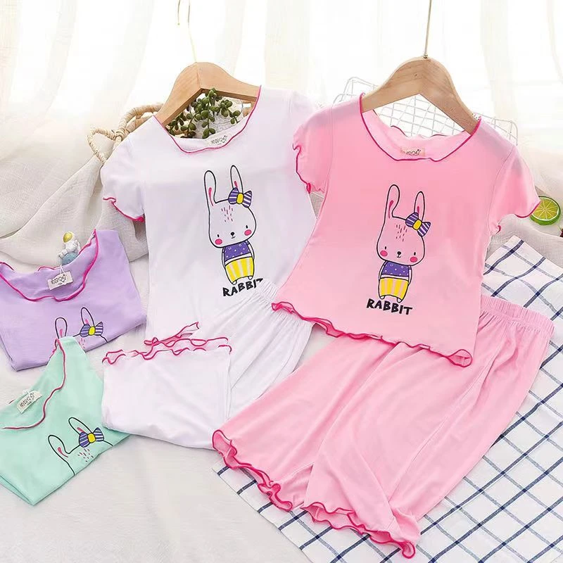 女童家居服套装夏2025新款冰丝薄款宝宝睡衣两件套儿童短袖7分裤