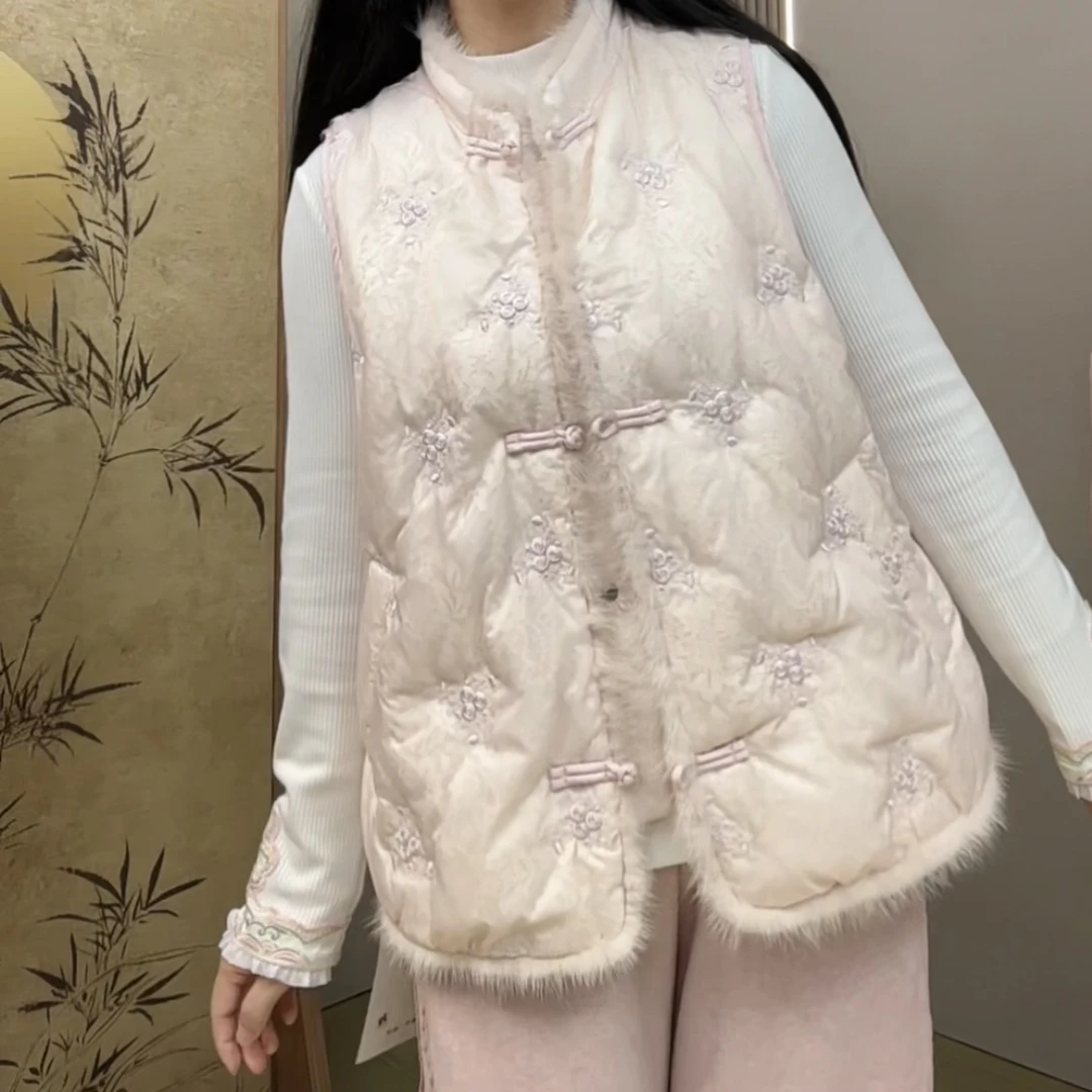小静家7701冬季新品复古小众中式刺绣羽绒马甲女