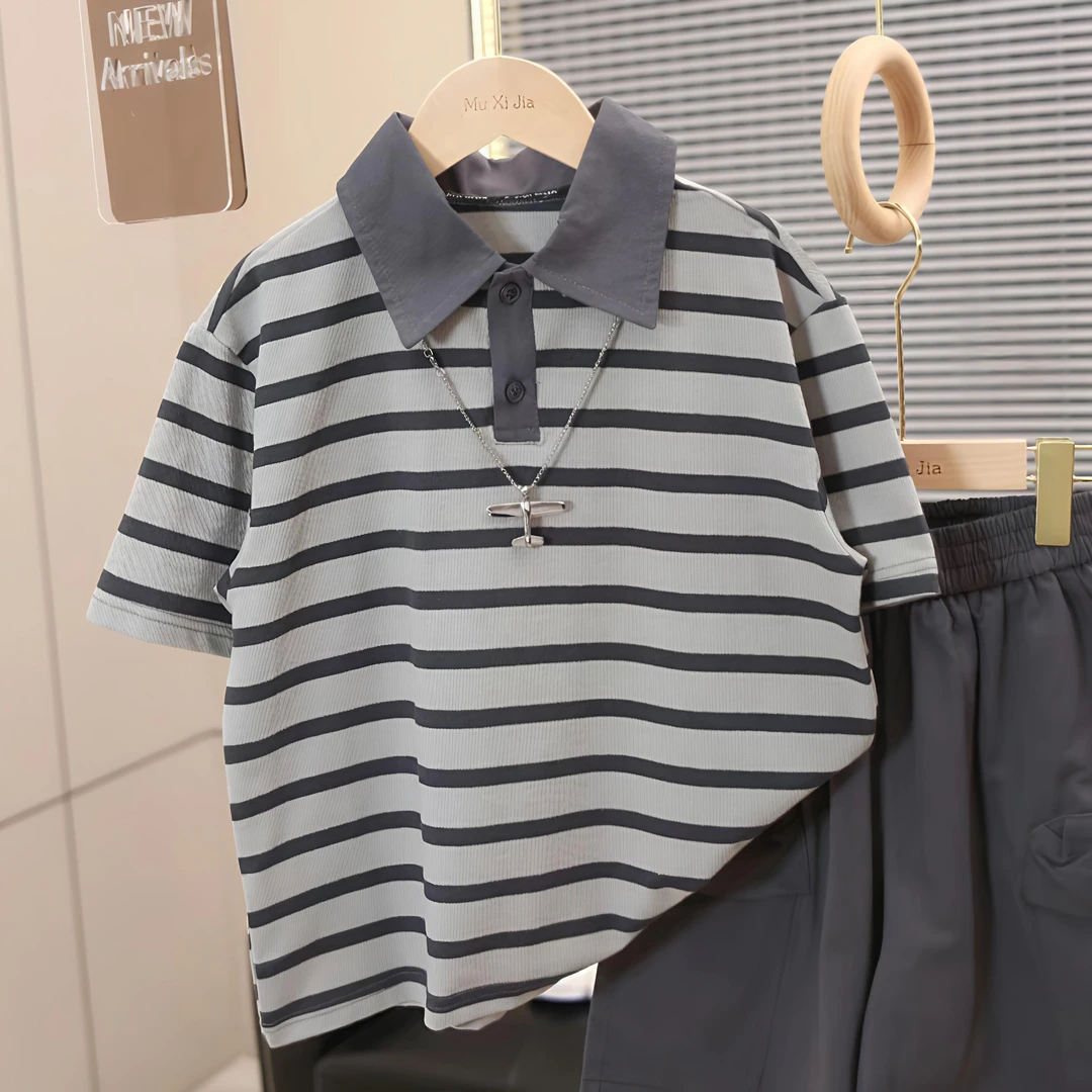 校园风男童夏季薄款条纹短袖POLO衫百搭宽松潮流洋气休闲