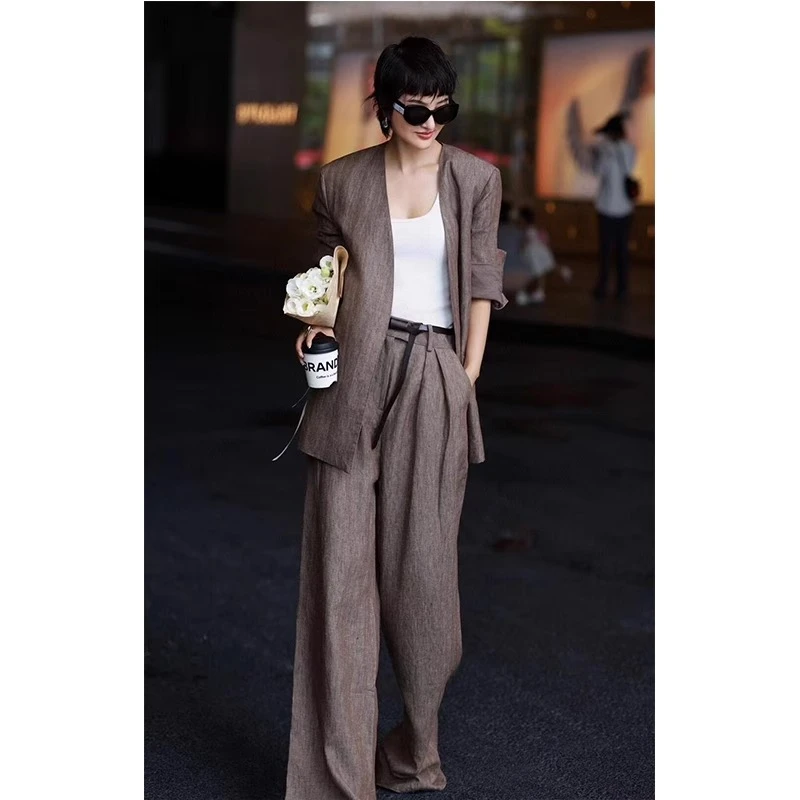 夏季时尚西装老钱风高级感亚麻套装女宽松外套气质阔腿长裤两件套
