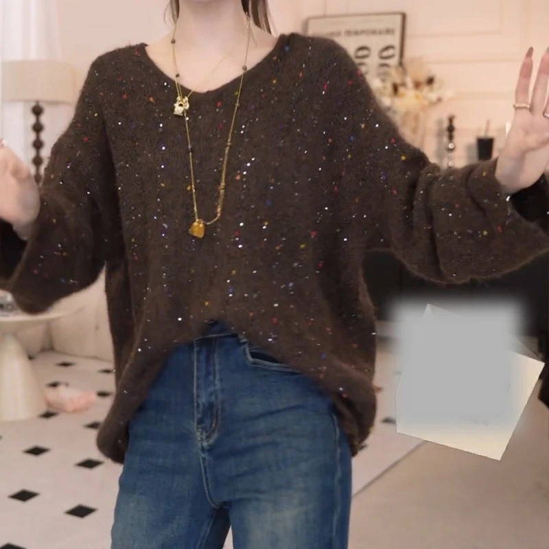 秋季新款彩色球V领宽松毛衫时尚针织上衣LK2506257