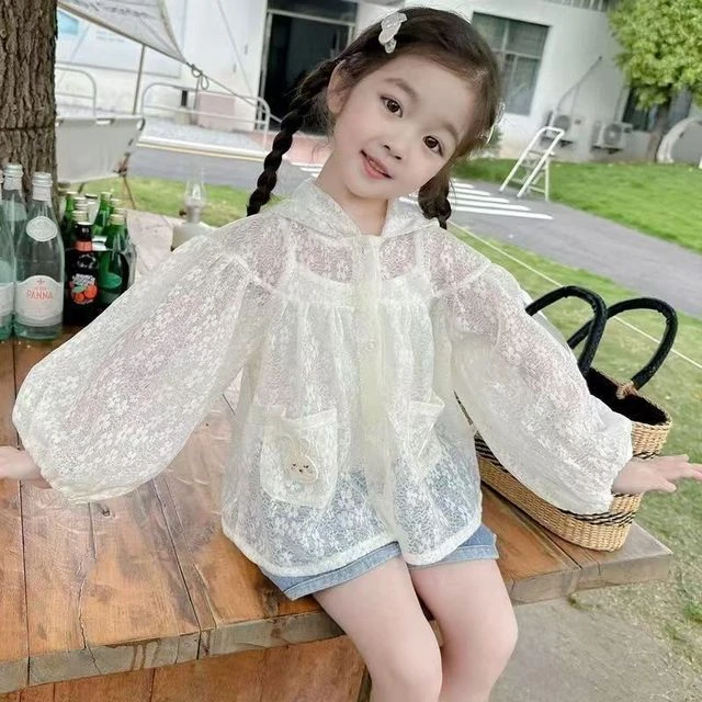 女童防晒衣夏季2025新款儿童洋气夏装宝宝蕾丝透气薄款连帽防晒服