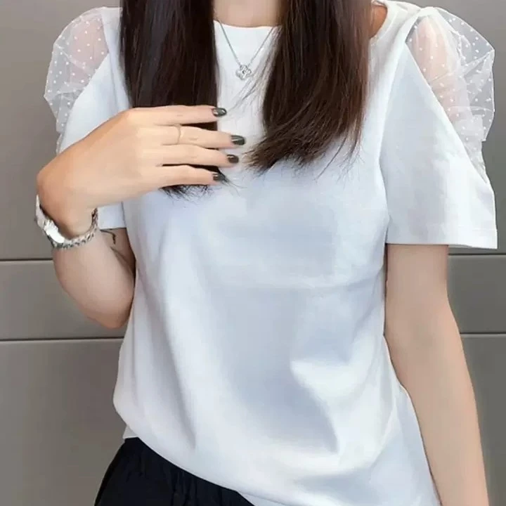 百搭T恤简约小众拼接圆领不规则宽松短袖泡泡袖蕾丝