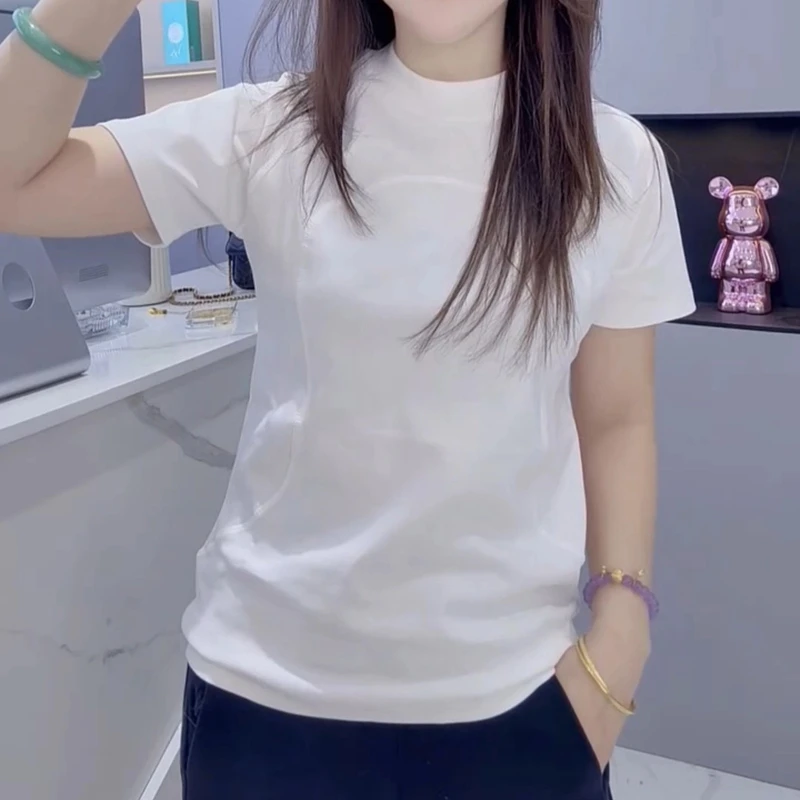 2025 时尚新款 皮标明线设计打底衫气质短袖圆领休闲百搭
