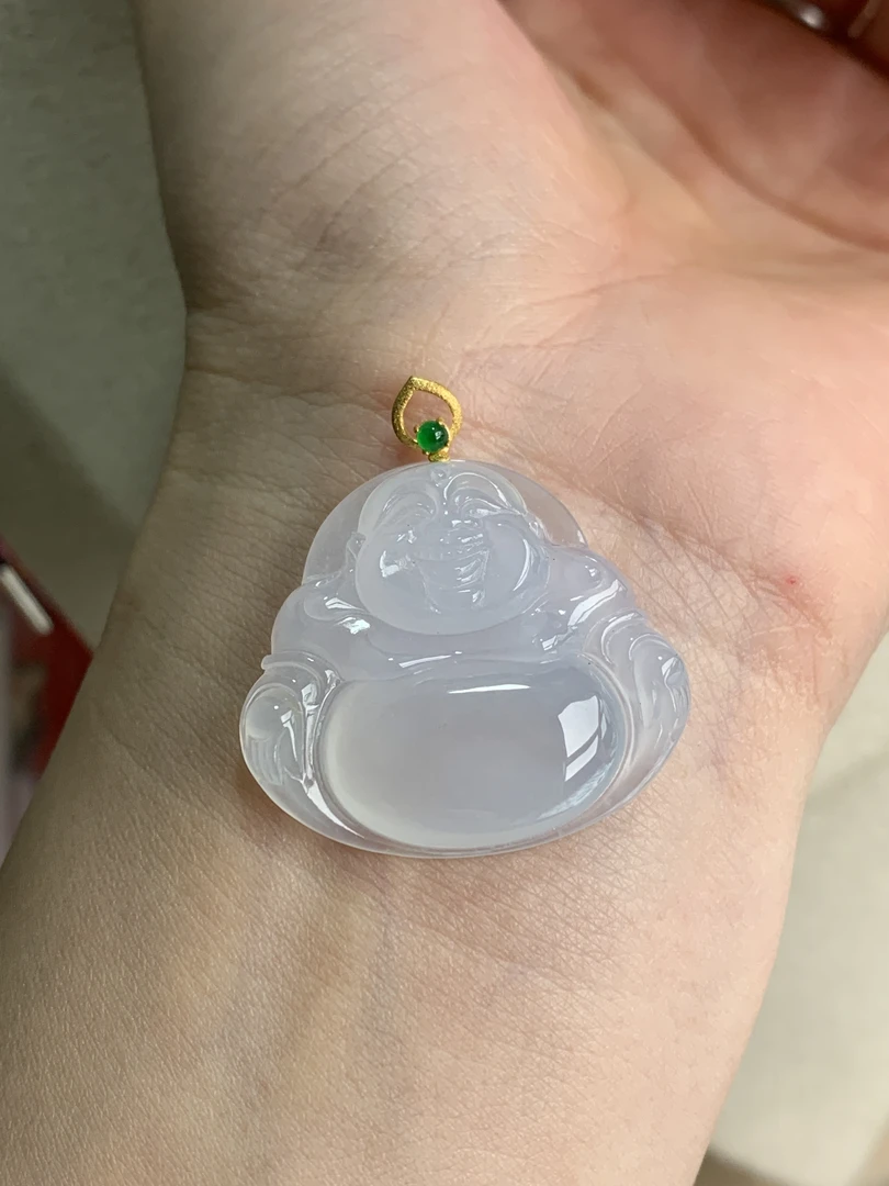 34天然缅甸翡翠A货冰种老种料佛公吊坠尺寸26.5*30*5.7冰透时尚