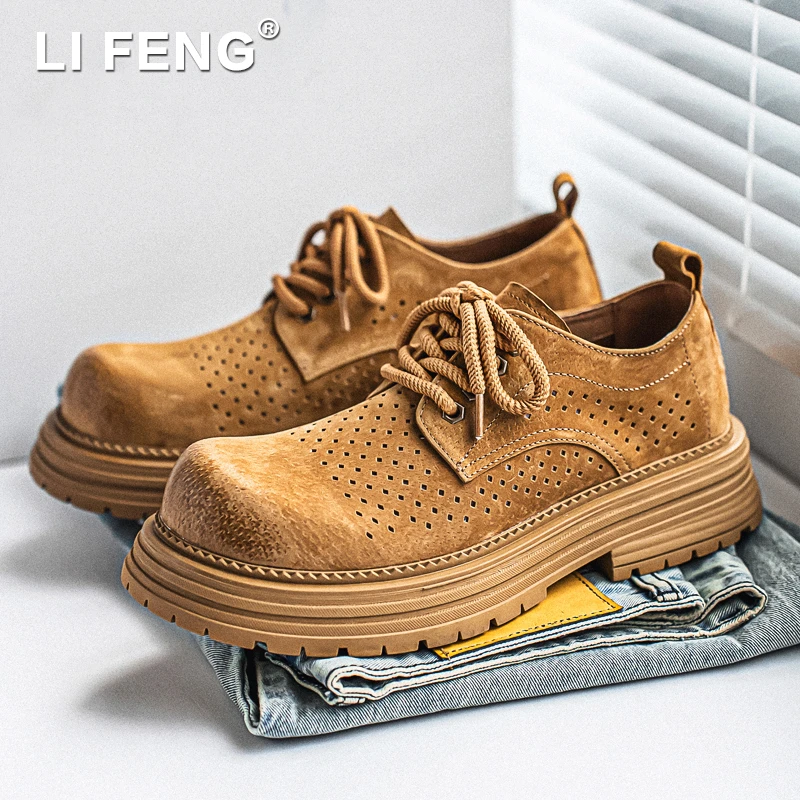 情侣德比鞋男女工装鞋夏季打孔透气真皮低帮靴休闲大头皮鞋增高鞋