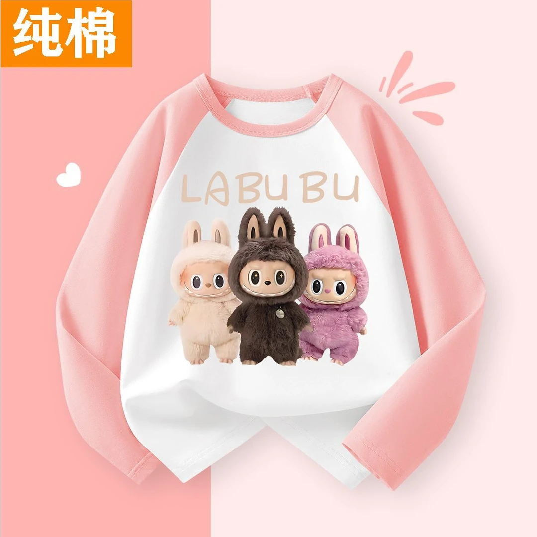 纯棉拼接撞色长袖新款卡通拉布儿童宽松纯棉T恤女童休闲打底上衣