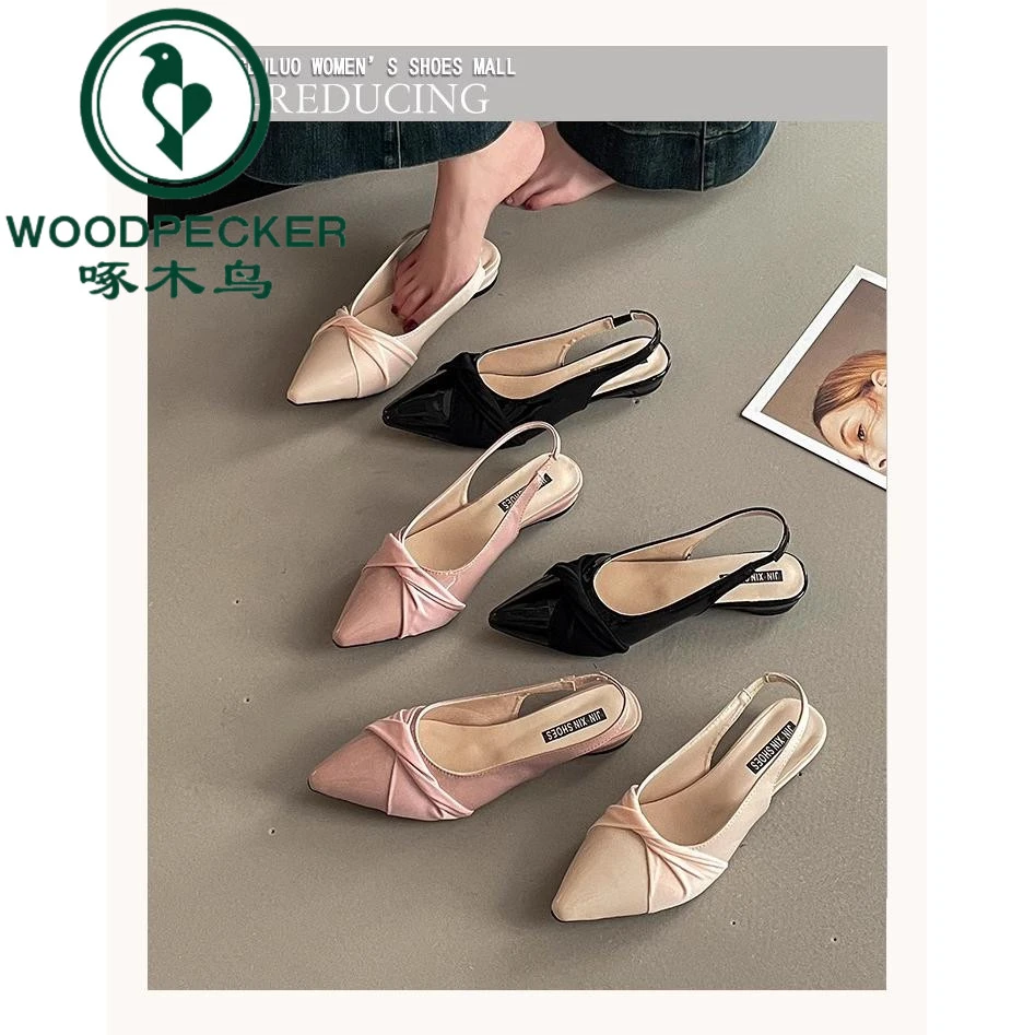 啄木鸟法式绝美设计感尖头包头凉鞋女2025夏新款温柔粉厚底单鞋