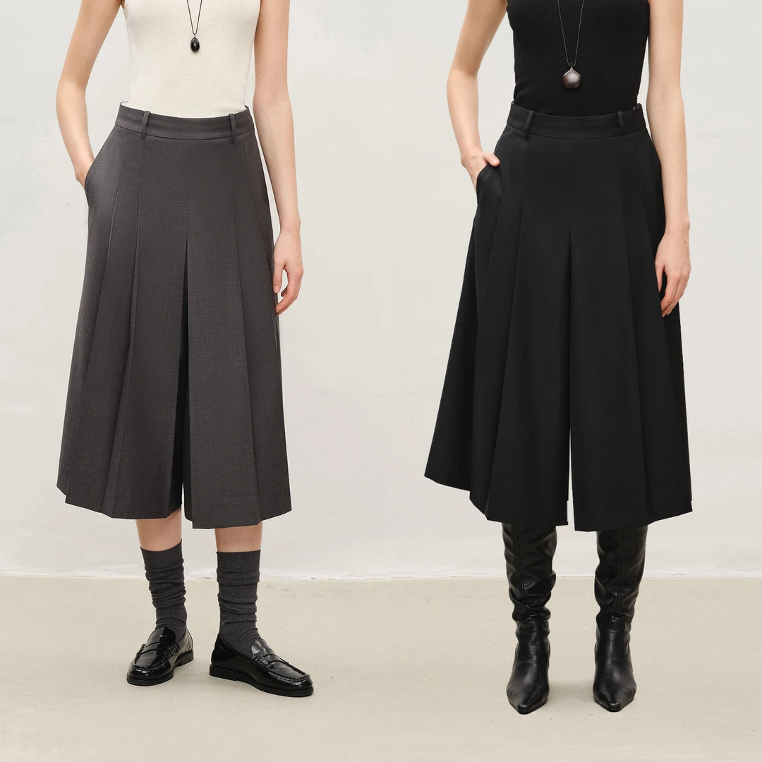 MARIUSMARIUS复古老钱显瘦显高阔腿多褶A摆西装裙裤女