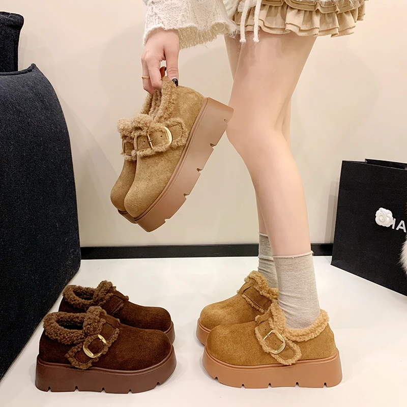 N牛皮女鞋勃肯鞋女冬季加绒保暖厚底毛毛鞋加厚厚底棉鞋10061