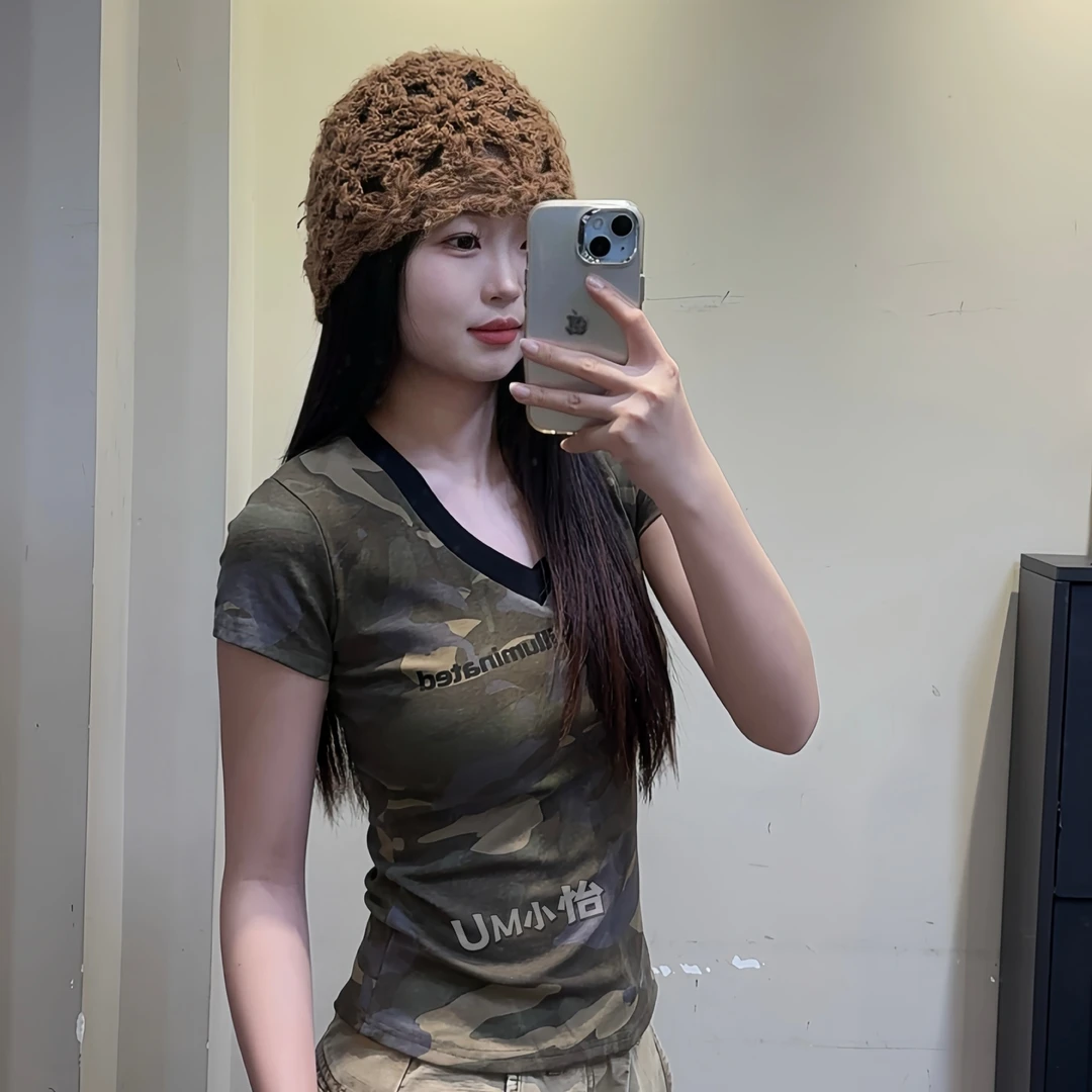 鑫怡定制【迷彩T】夏季新款美式酷辣短款修身显瘦迷彩印花短袖上衣