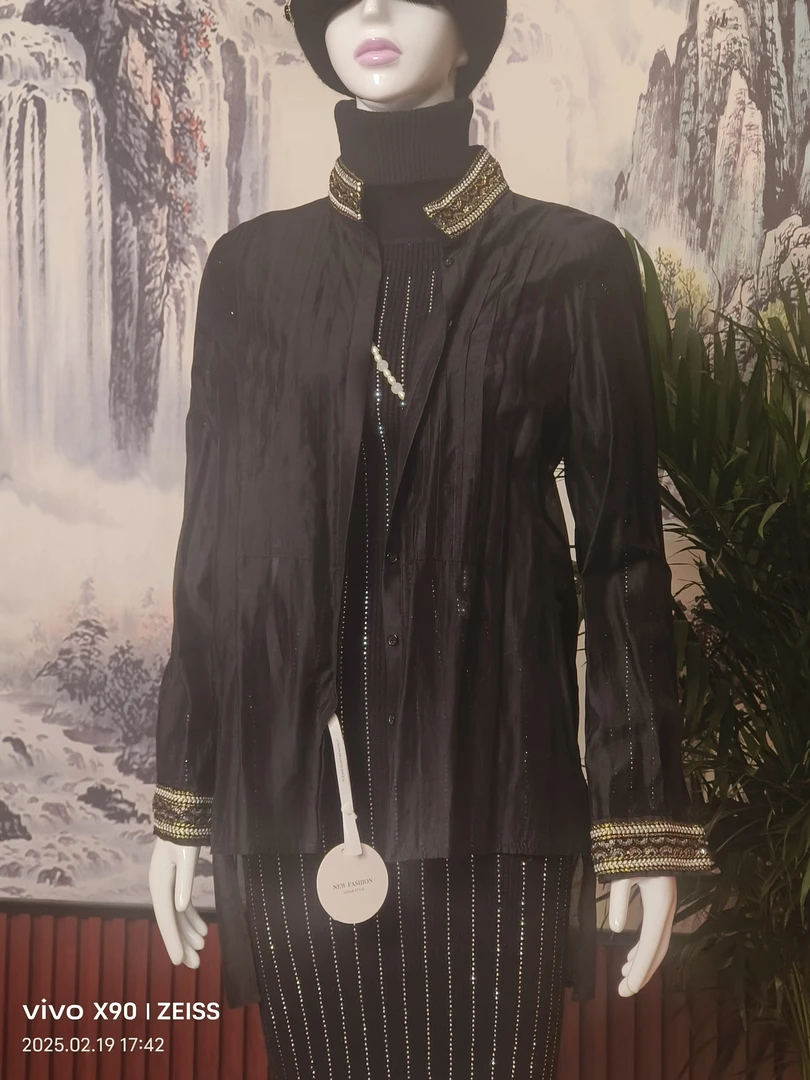 时尚重工钉珠高端褶皱黑色立领上衣小衫衬衫