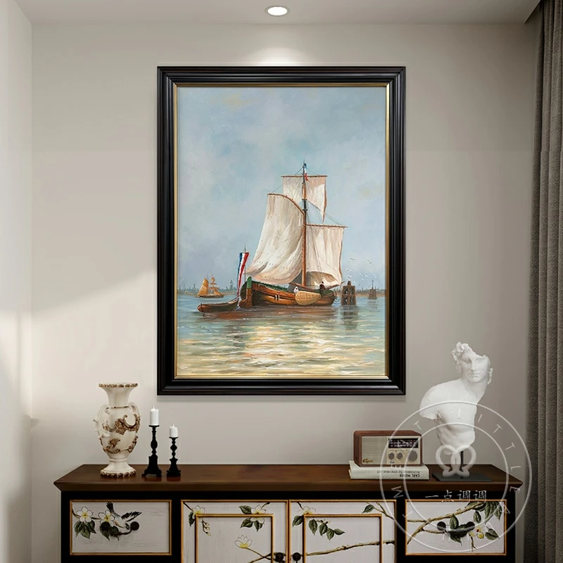 【一帆风顺】中古风玄关装饰画手工油画法式沙发背景墙挂画餐厅壁画