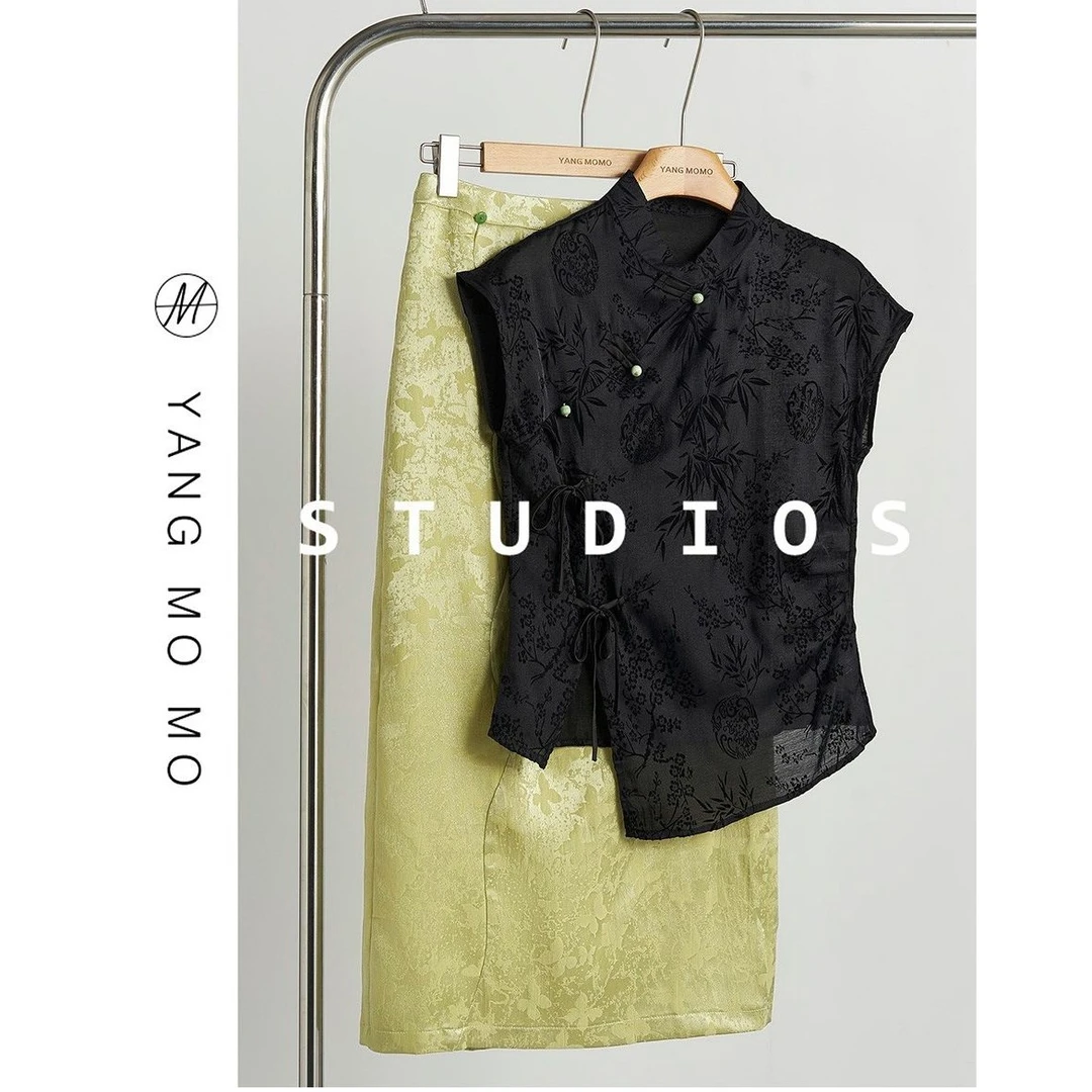 m1308# 新中式国风斜襟盘扣短袖衬衫提花半身裙套装