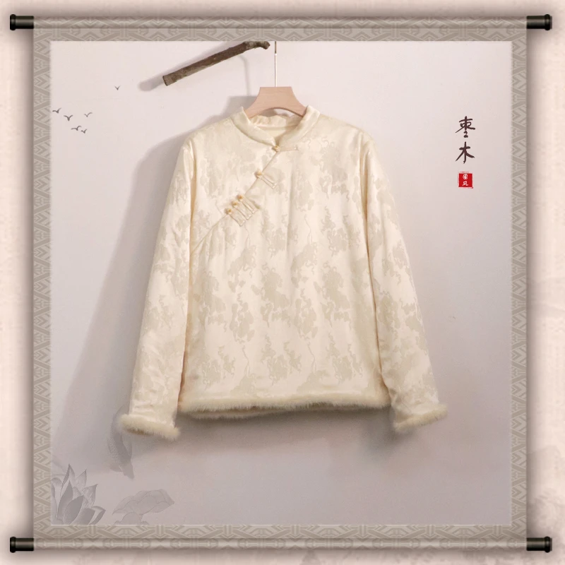 枣木 新中式桑蚕丝衬衫重工提花棉服春秋款内搭