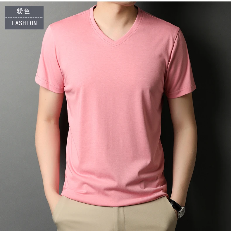 轻奢级【桑蚕丝 +莫代尔】鸡心领中老年男士夏季薄款纯色短袖T恤