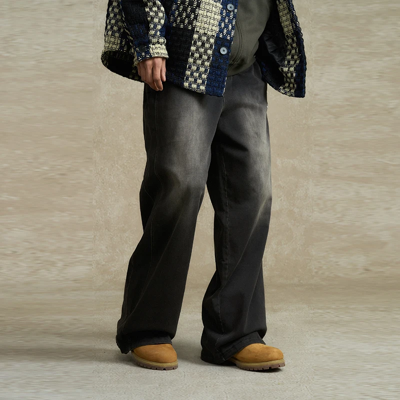 BONELESS喷马骝洗水休闲长卫裤刺绣宽松抽绳长裤百搭渐变直筒裤子