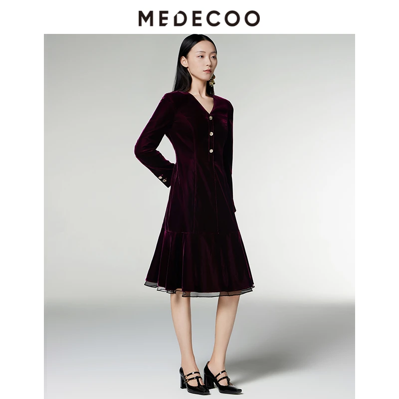 【星线好物】MEDECOO/墨蒂珂秋新款女装收腰丝绒连衣裙高级感裙子D9