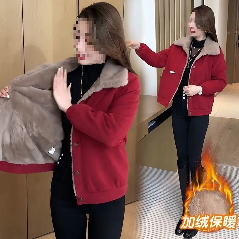 灯芯绒外套女冬季加绒保暖加厚百搭时尚减龄宽松显遮肚子妈妈装