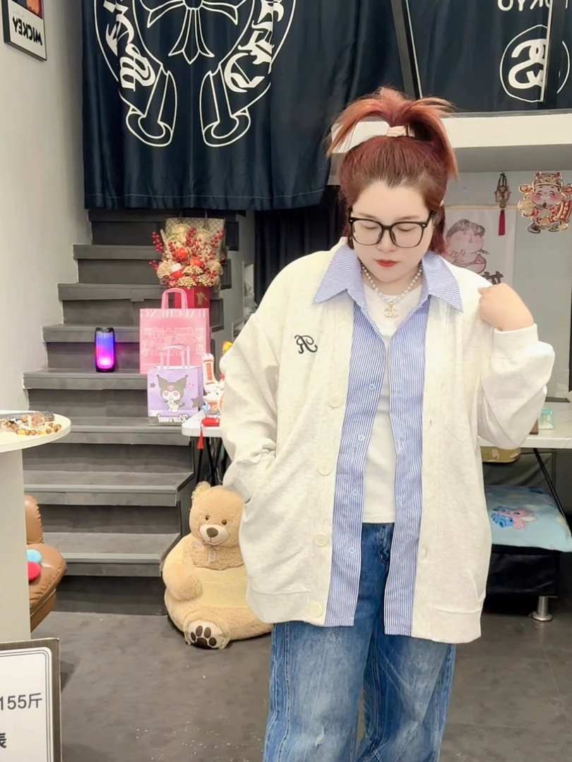 涵涵家~韩系衬衫拼接假两件卫衣开衫外套#9228