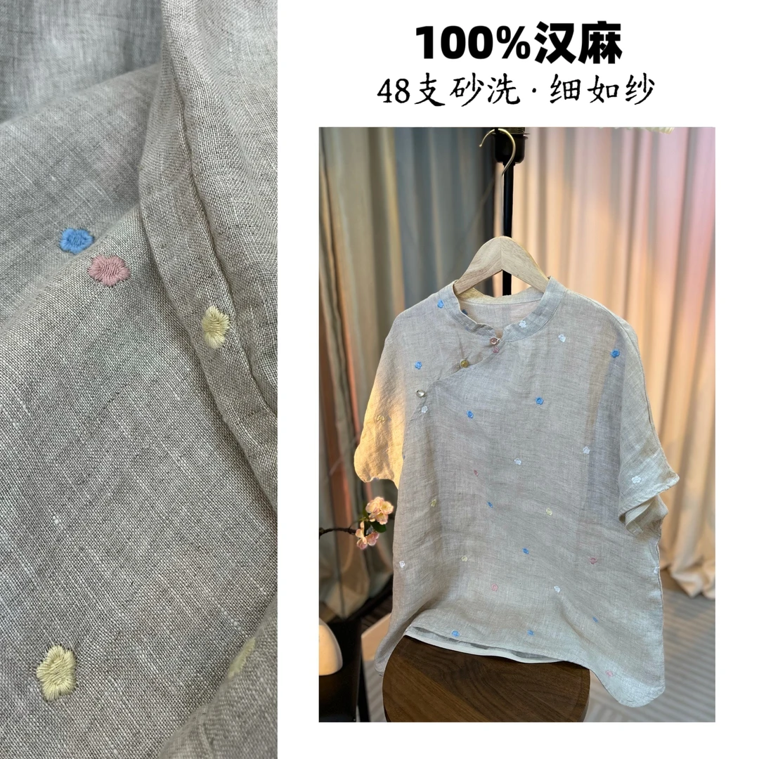 100%汉麻48支砂洗绣花工艺细如纱丝做旧文艺新中式盘扣短袖上衣