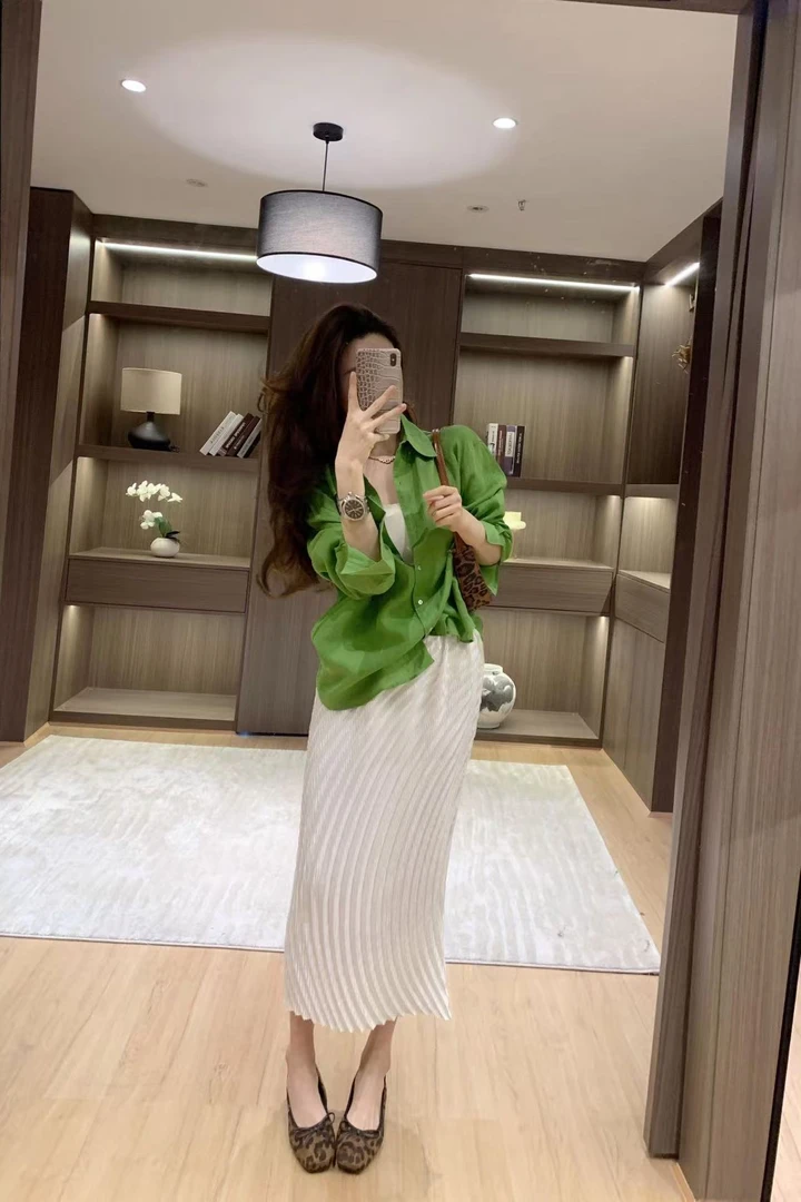 法式衬衫女夏季薄款2025新款宽松慵懒风高级感上衣褶皱半身裙套装