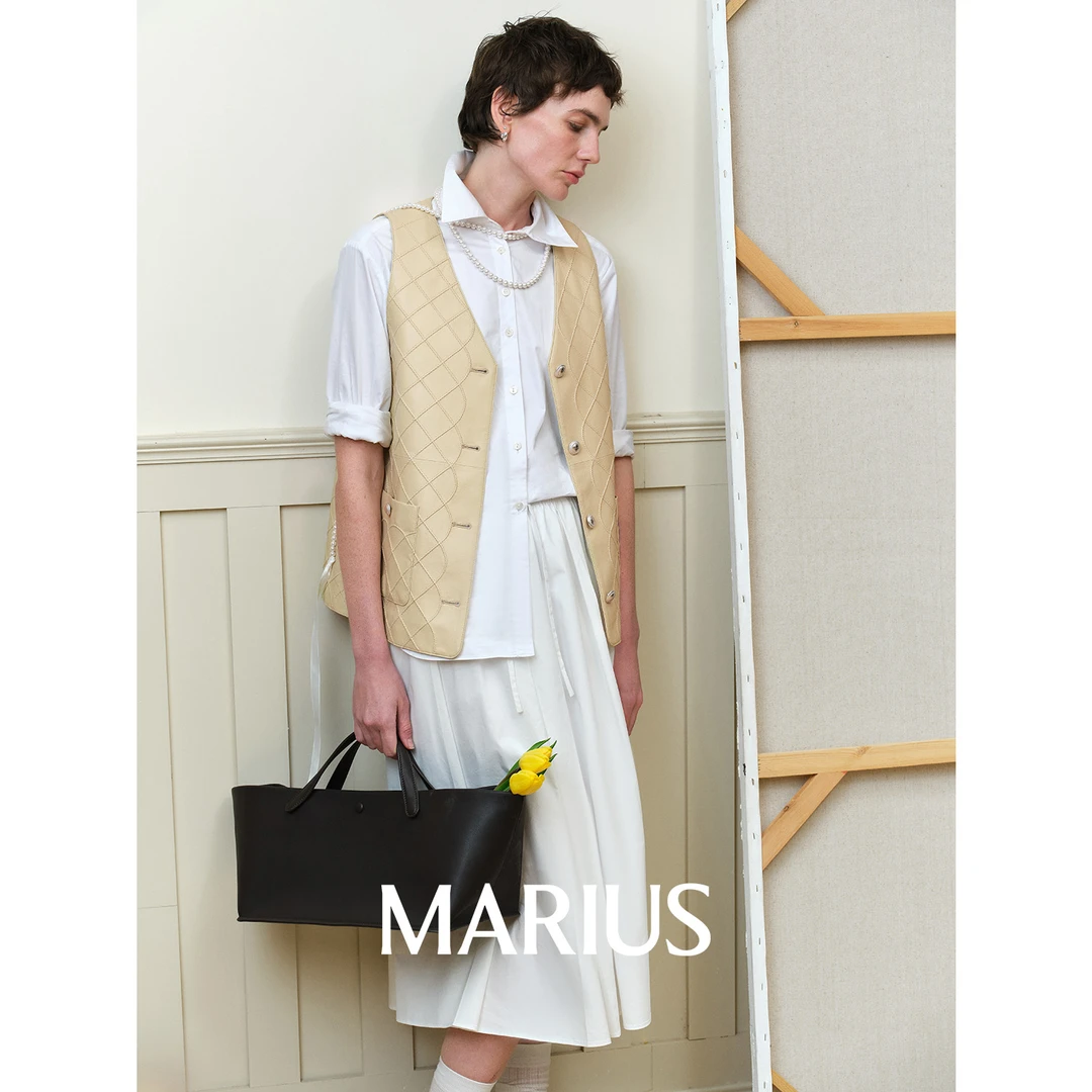 MARIUS“COCO马甲”复古感小羊皮立体刺绣菱格宽松随搭无领马甲