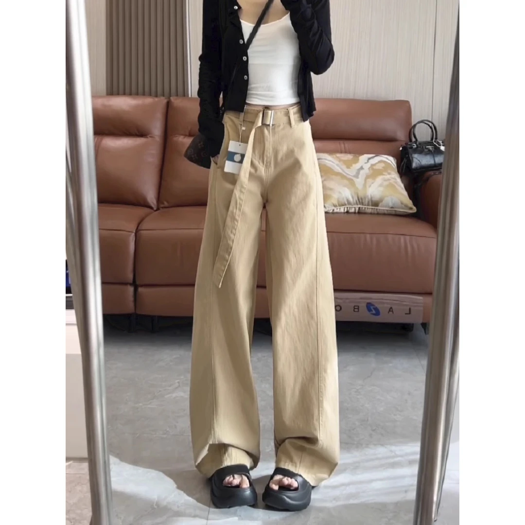 卡其色弯刀阔腿牛仔裤女春季2025新款宽松显瘦腰带设计直筒拖地裤