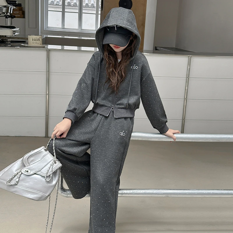 女童运动套装儿童春秋撒银烫钻针织连帽外套中大童韩版宽松阔腿裤