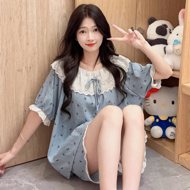 云朵棉睡衣女夏季爆款甜美花边蝴蝶结夏天薄款宽松短袖家居服套装