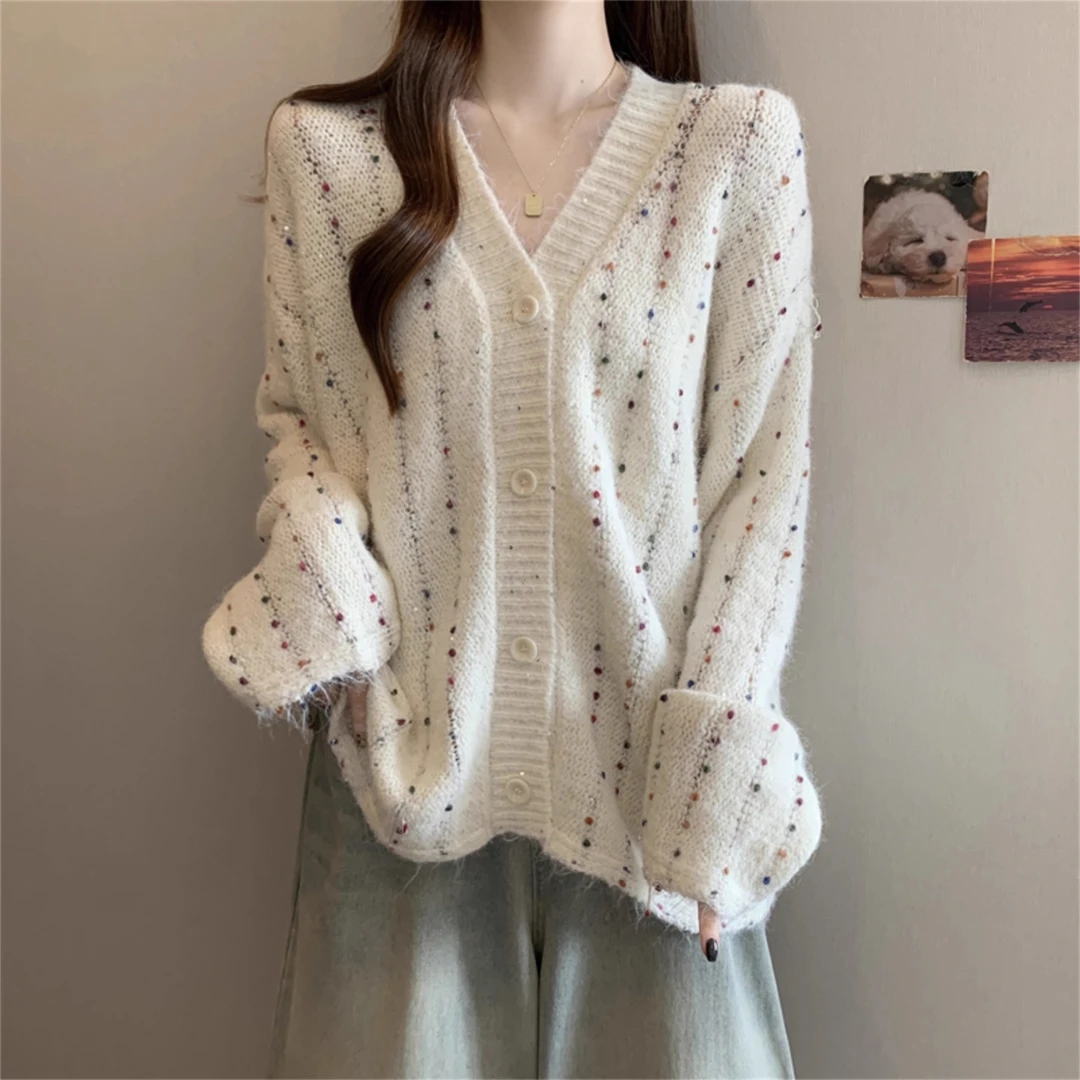 慵懒风V领彩点针织开衫女装秋季新款大码胖MM宽松高级感毛衣外套
