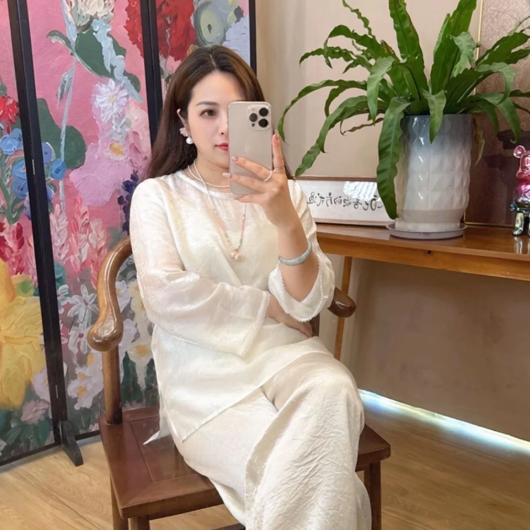 新中式提花显瘦钉珠衬衫水袖设计秋夏百搭女士上衣