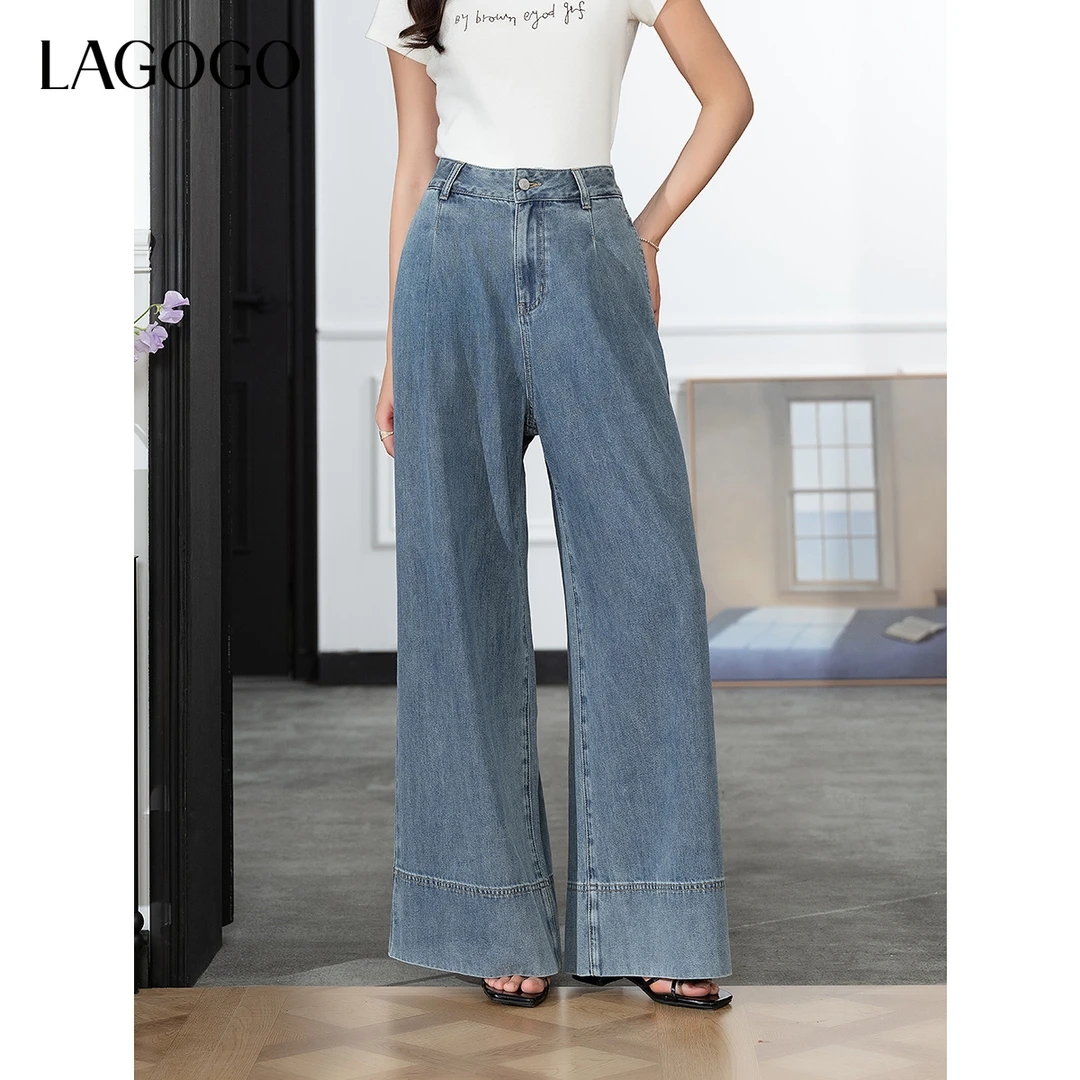 【金拐子专属】lagogo新款高腰舒适宽松百搭阔腿牛仔裤女OANN533G03