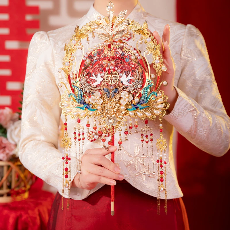 重工红色团扇手工材料包diy结婚新娘中式婚礼秀禾高级婚扇喜扇