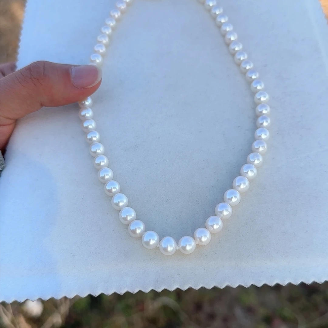 淡水珍珠颈饰银S925镶嵌7-8无核极光镜面正圆白亮