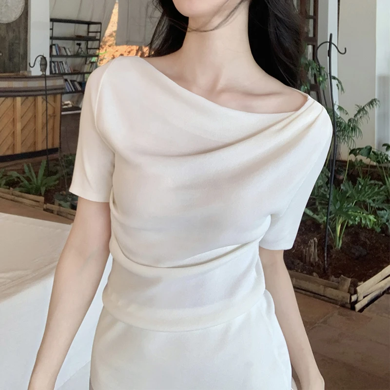 2025夏季爆款温柔气质不规则时尚荡领短袖上衣时髦洋气显瘦上衣