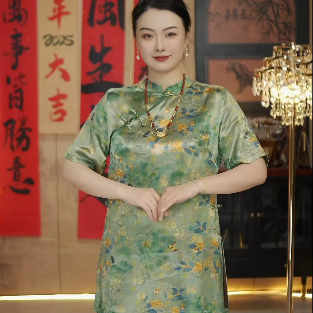 《翡蝶》 新中式日常长旗袍短袖一字扣旗袍气质中长款重磅夏季提花