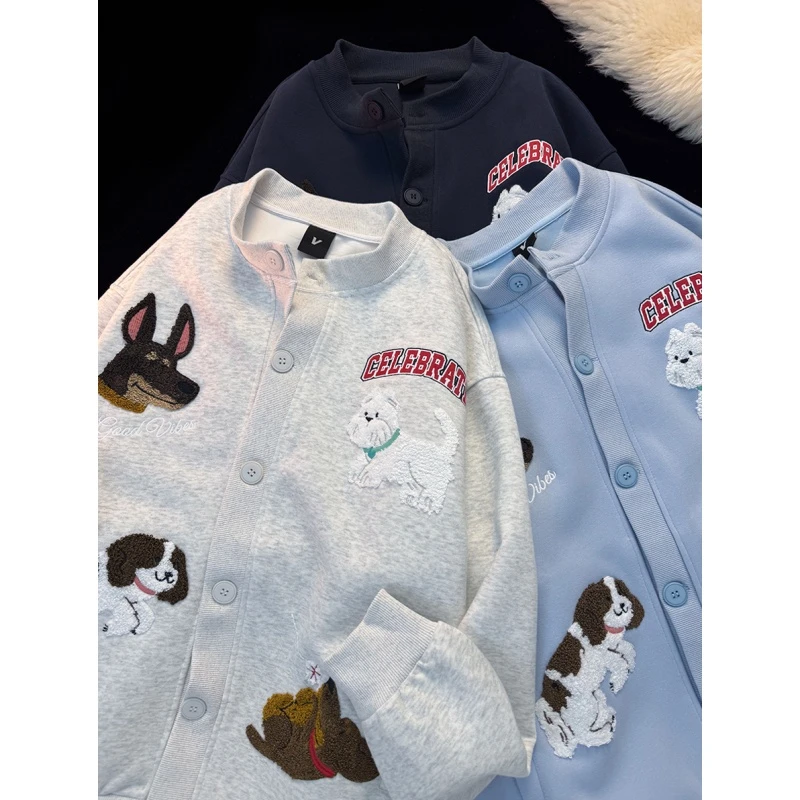 美式300斤超大码卡通小狗夹克上衣初秋男女学院风宽松休闲外套服