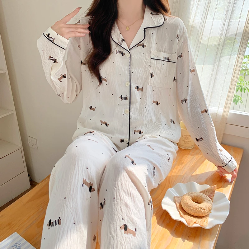 云朵棉春秋季女士睡衣开衫长袖休闲韩版卡通甜美宽松家居服套装