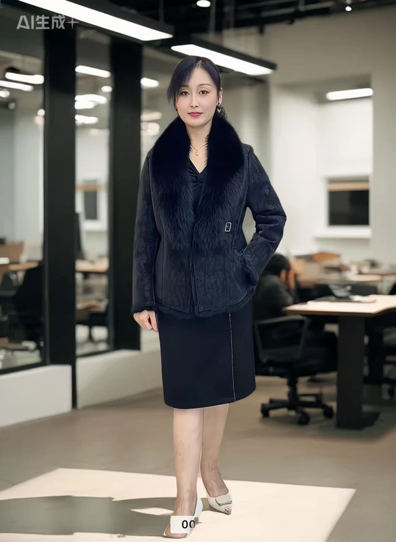 2  短外套保暖短款毛领女大衣女士秋冬加厚网红冬季休闲黑色女装