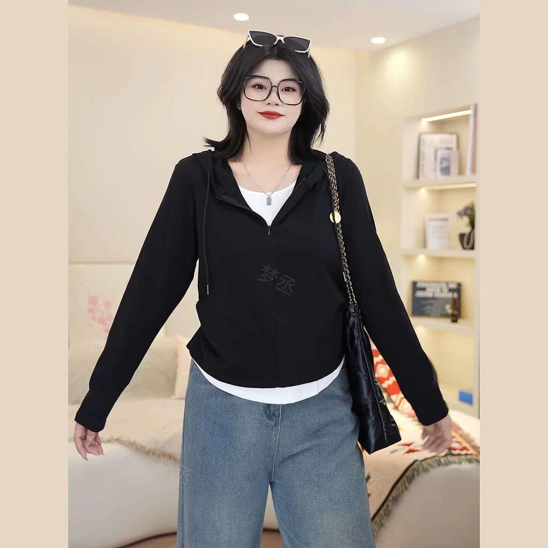 梦丞-假两件连帽胖mm大码女装早秋显瘦遮肉休闲百搭针织上衣女