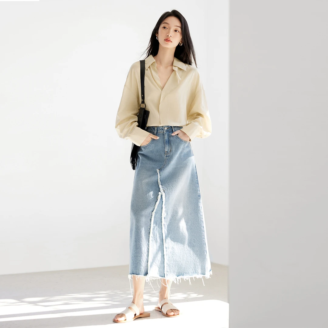 【亚美专属】D01对白垂感轻薄不规则V领长袖衬衫女气质上衣EDC201